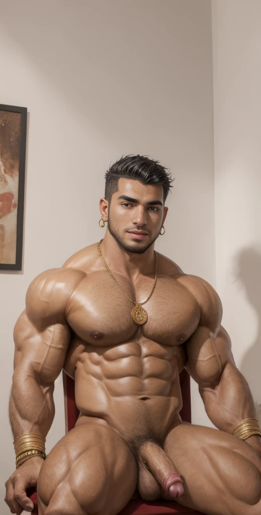 (masterpiece, intricately detailed, highest resolution, best quality:1.2), (doujin), a cocky Moroccan male model,a 24 y.o muscle stud with a muscular physique sitting on a chair with black eyes,dark-skinned male, wearing bondage attire, bracelets, necklace, jewelry, flaccid penis,saggy balls,hairy chest,vascular,muscle striations,soft light,fantastic realism,