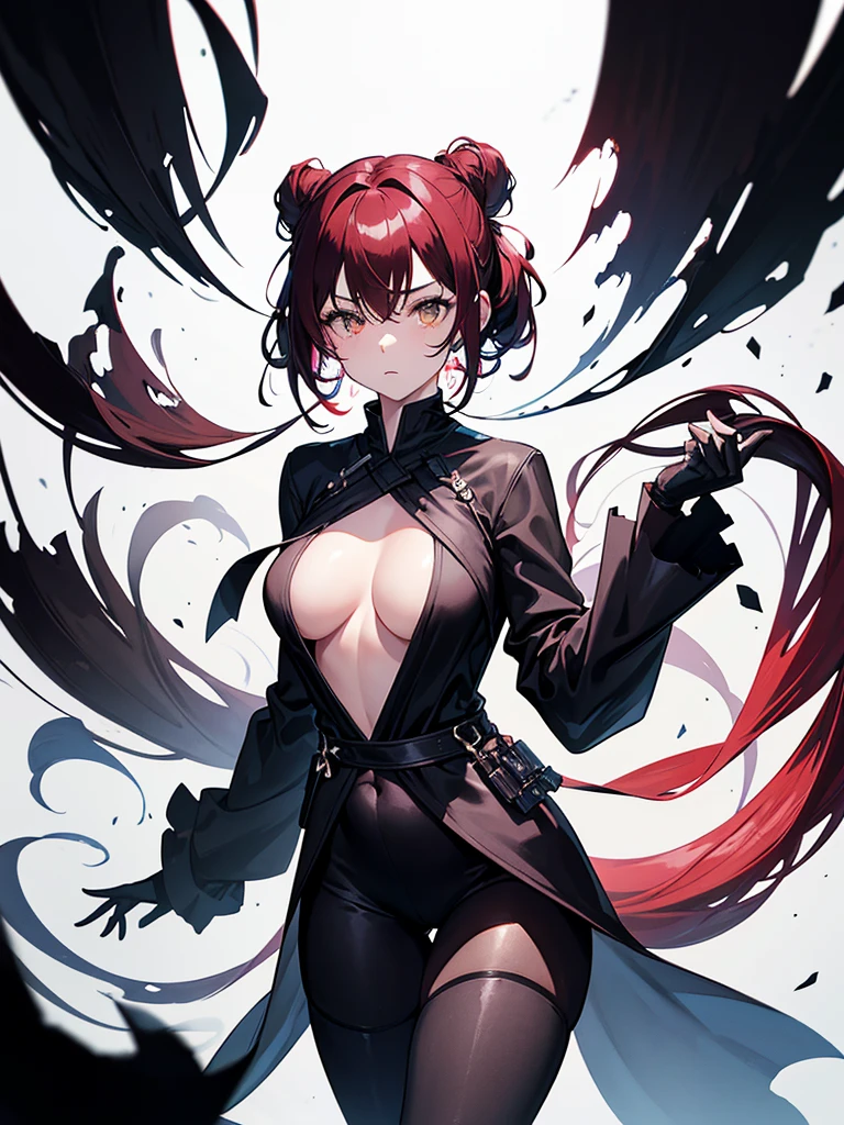 Wearing black tights,Robed, Black clothes, The skin is hidden, I was wearing long pants,cool,黒いRobed, Toned body, Wine red hair, one big woman,Updo, Nervous,Cowboy Shot, sketch (Character design sheet, same characters, whole body, Three-View, front, ~ ~ ~ side, return),(Very bright:1.1), White Background, [1 Girl:7], (Tilt your head:1.2), ([sketch|watercolor \(Moderate\)]:1.15), (Ink blotches:1.1), (pale:1.2), Chaotic Abstract Background, Vector Trace, Gradient Blending, Bright colors, that&#39;wonderful, Very detailed, Complex, (Very low contrast:1.4)
