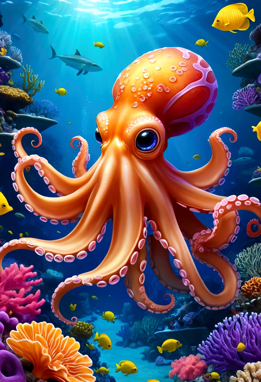 The background of the illustration is a wide and bright sea,Swimming octopus, There is a beautiful area of coral reefs in the sea,Corals are colorful and diverse,It emits a colorful glow,There are also several small fish swimming freely around.,The whole illustration is full of warmth and energy,Marine life swimming freely in a bright underwater world,It gives a peaceful and lovely feeling。