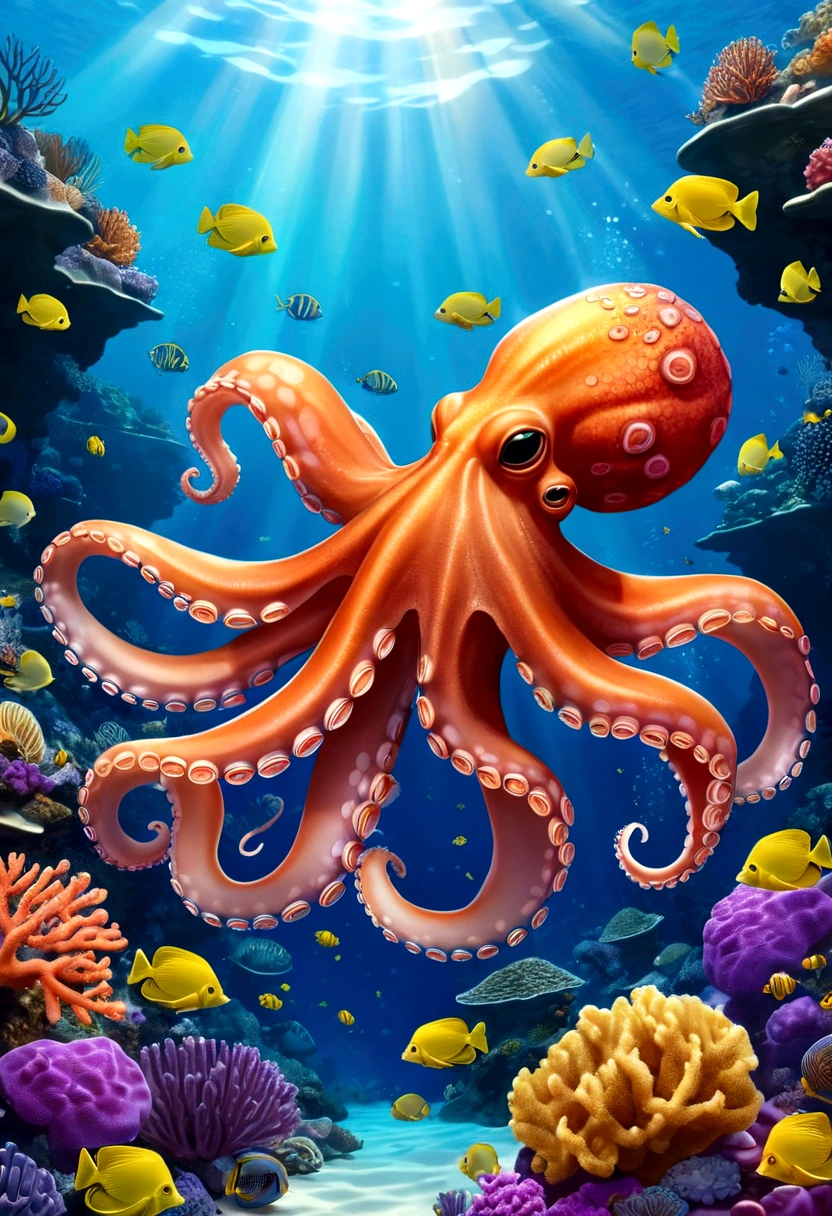 The background of the illustration is a wide and bright sea,Swimming octopus, There is a beautiful area of coral reefs in the sea,Corals are colorful and diverse,It emits a colorful glow,There are also several small fish swimming freely around.,The whole illustration is full of warmth and energy,Marine life swimming freely in a bright underwater world,It gives a peaceful and lovely feeling。
