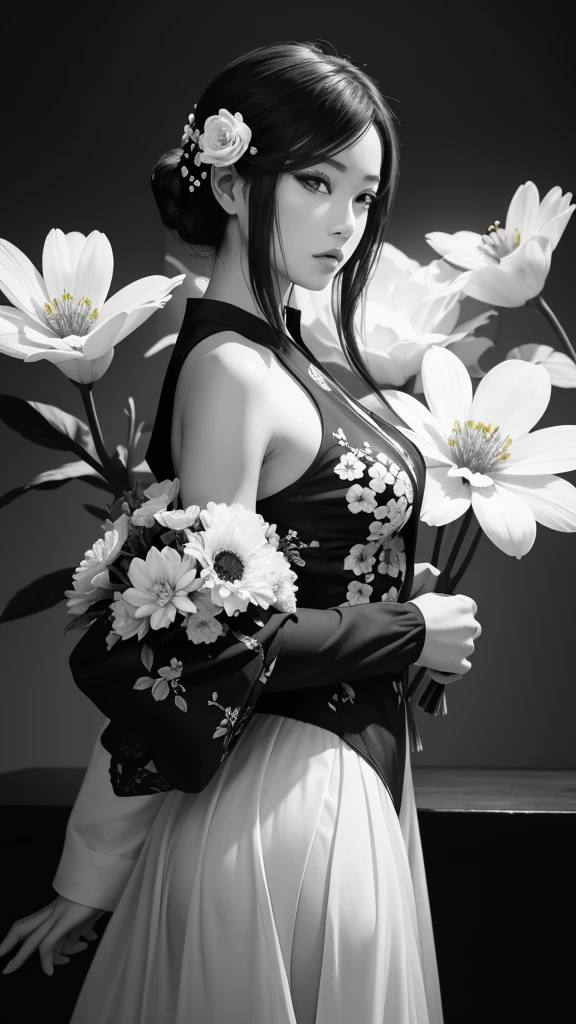 The flowers on both sides form a frame. 額の中にはcoolとライバルの入った女性 glamorous cool Women are black and white but flowers are vibrantly colored Best Quality, Masterpiece, Ultra High Resolution, (Realisticity: 1.4), Original Photo, Cinematic Lighting