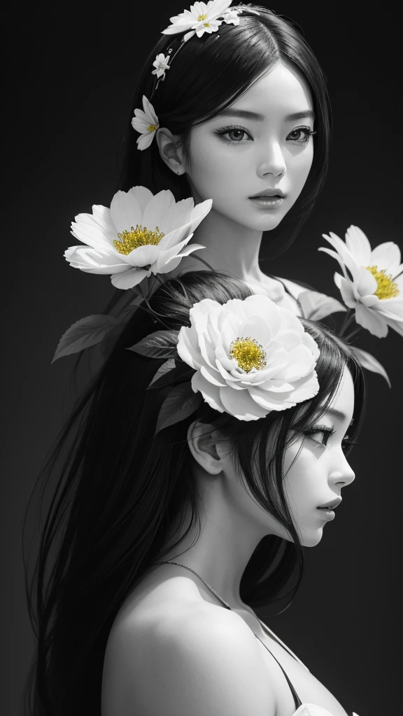 The flowers on both sides form a frame.　額の中にはcoolとライバルの入った女性　glamorous　cool　Women are black and white but flowers are vibrantly colored　Best Quality, Masterpiece, Ultra High Resolution, (Realisticity: 1.4), Original Photo, Cinematic Lighting