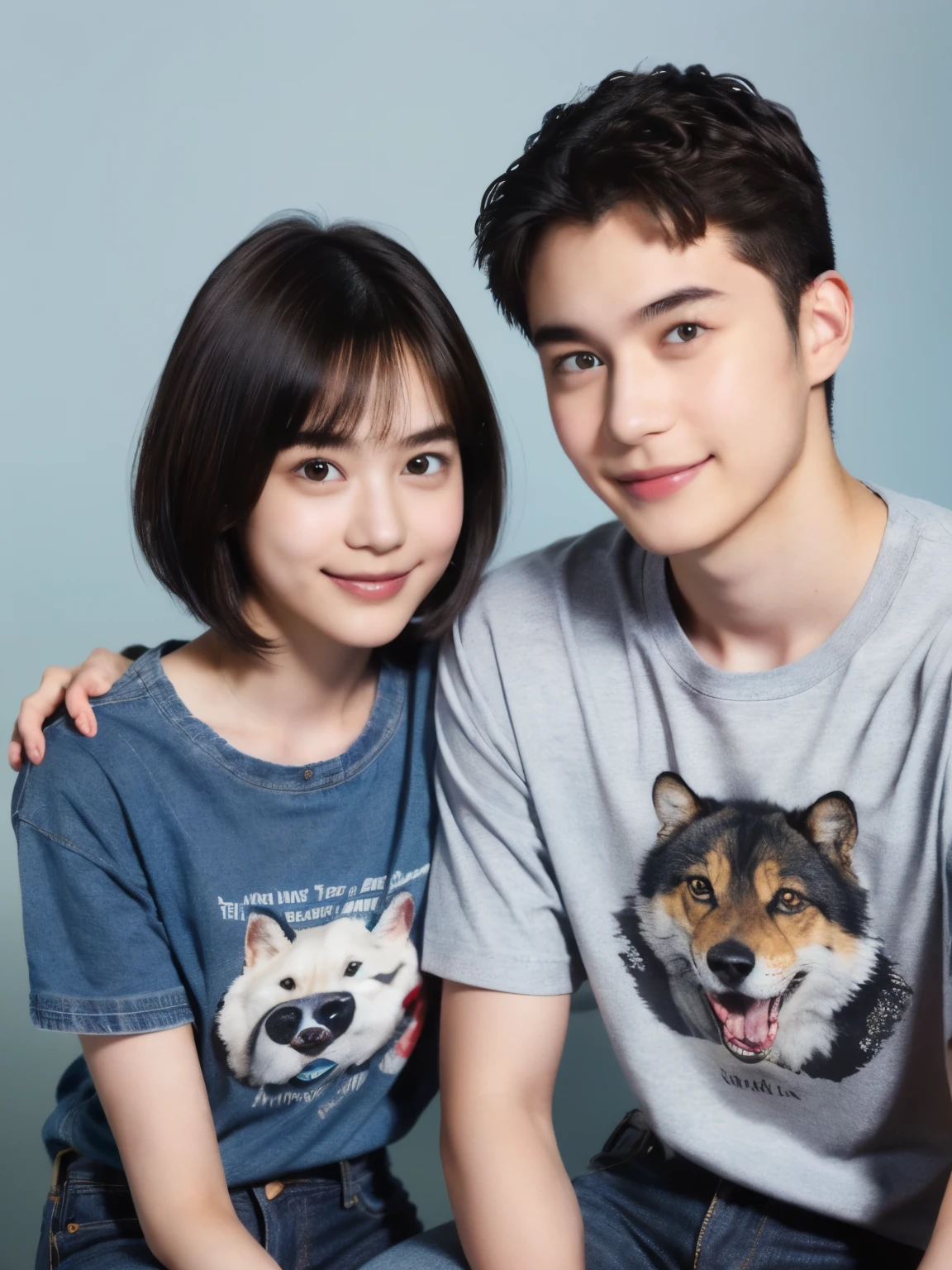 250 (An 18-year-old female and an 18-year-old male), (short hair),kind, lipstick, (jeans), (Animal characterTshirt), smile