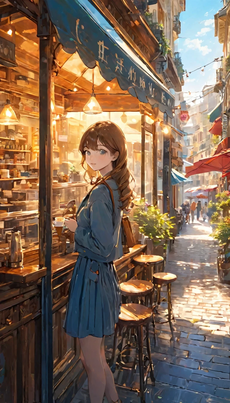 finely detailed illustration, best quality, masterpiece, vibrant color,High resolution、８ｋ、Beautiful girl、One Girl, Highest quality, masterpiece, so beautiful, Perfect composition, Intricate details, Cafe photo, sunny, architecture, Busy Street, super high quality, Very detailed、Very detailedな