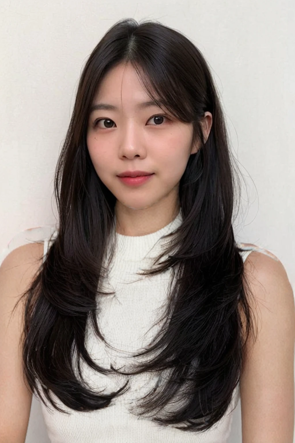 Best Quality, 8k, Masterpiece, (Portrait: 1.3), (photo realistic:1.4), (hyper realistic:1.4), Sharp Focus, looking at viewer, (smoother lighting:1.1), (increase cinematic lighting quality:0.9), realistic lighting, backlighting, light on face, ray trace, (brightening light:1.2), (Increase quality:1.4), sharp detail, (best quality real texture skin:1.4), finely detailed eyes, black_eyes, finely detailed face, 25 year old Korean woman, (crop_top:1.4), (Create an image maintaining the original base model hairstyle:1.5)