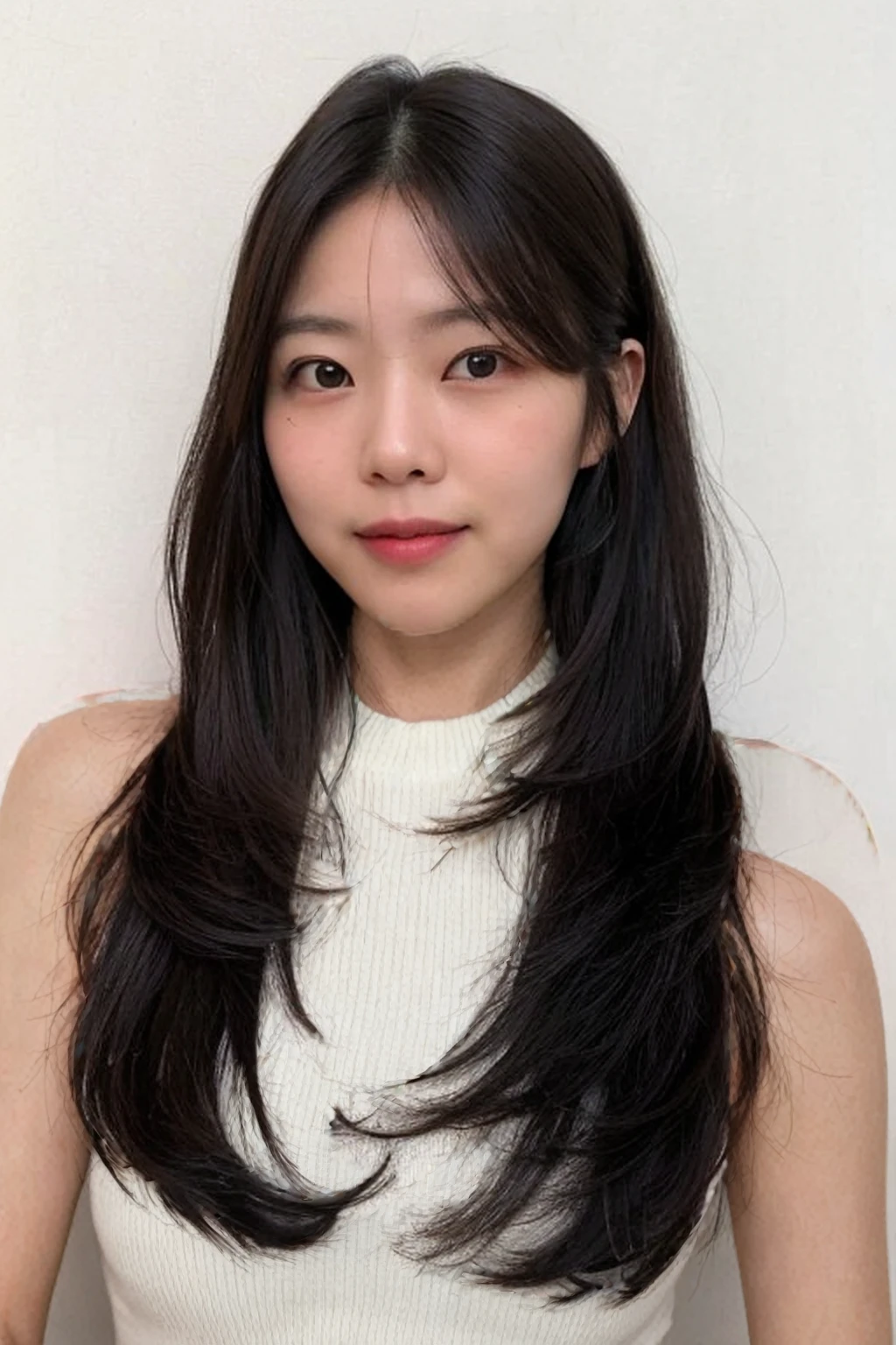 Best Quality, 8k, Masterpiece, (Portrait: 1.3), (photo realistic:1.4), (hyper realistic:1.4), Sharp Focus, looking at viewer, (smoother lighting:1.1), (increase cinematic lighting quality:0.9), realistic lighting, backlighting, light on face, ray trace, (brightening light:1.2), (Increase quality:1.4), sharp detail, (best quality real texture skin:1.4), finely detailed eyes, black_eyes, finely detailed face, 25 year old Korean woman, (crop_top:1.4), (Create an image maintaining the original base model hairstyle:1.5)