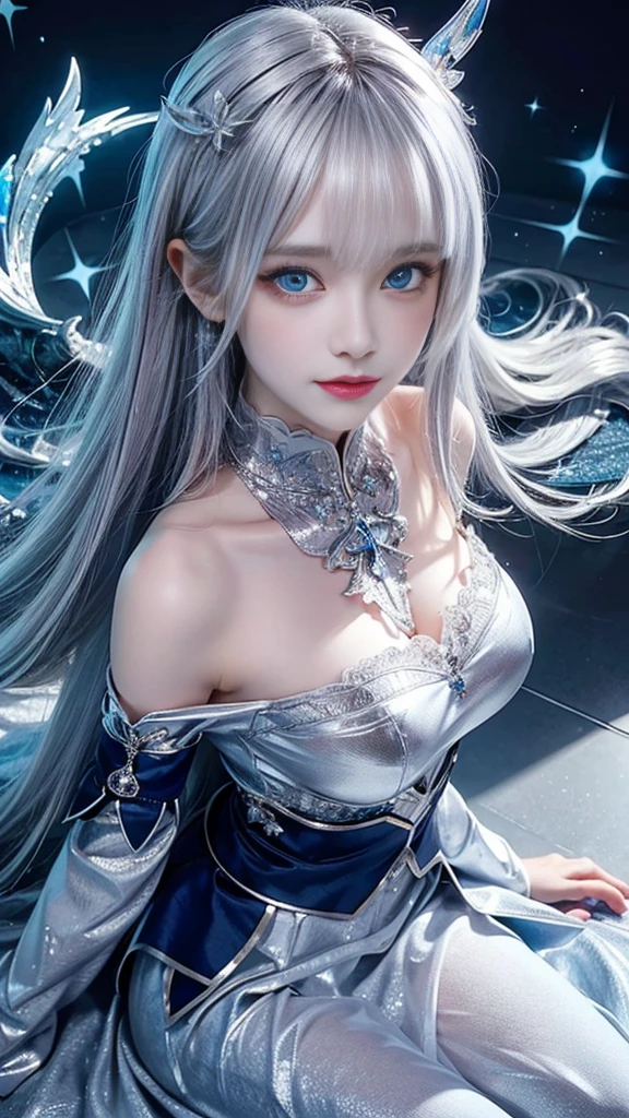 (Top view),Dynamic Angle,Extremely detailed, illustration, close up, straight on, 1 Girl, (fantasy:1.4), (Blue eyes:1.233),Her eyes shone like dreamy stars,(Glowing eyes:1.233),(Beautiful and delicate eyes:1.1),(Silver Hair:1.14),(Messy hair),huge breasts, slim waist,