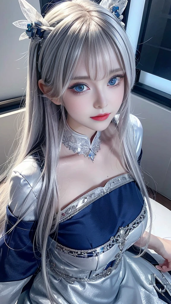 (top-quality),(masuter piece),(4k anime),Delicately drawn face,girl with a pretty face,beautiful detailed blue eyes,blue lolita fashion,((beautiful detailed blue costume)),(Beautiful silky silver hair:1.2),blue ribbon hair ornament,pale skin,shading,film lighting,contrast magic,(in a garden where blue roses bloom),cowboy shot