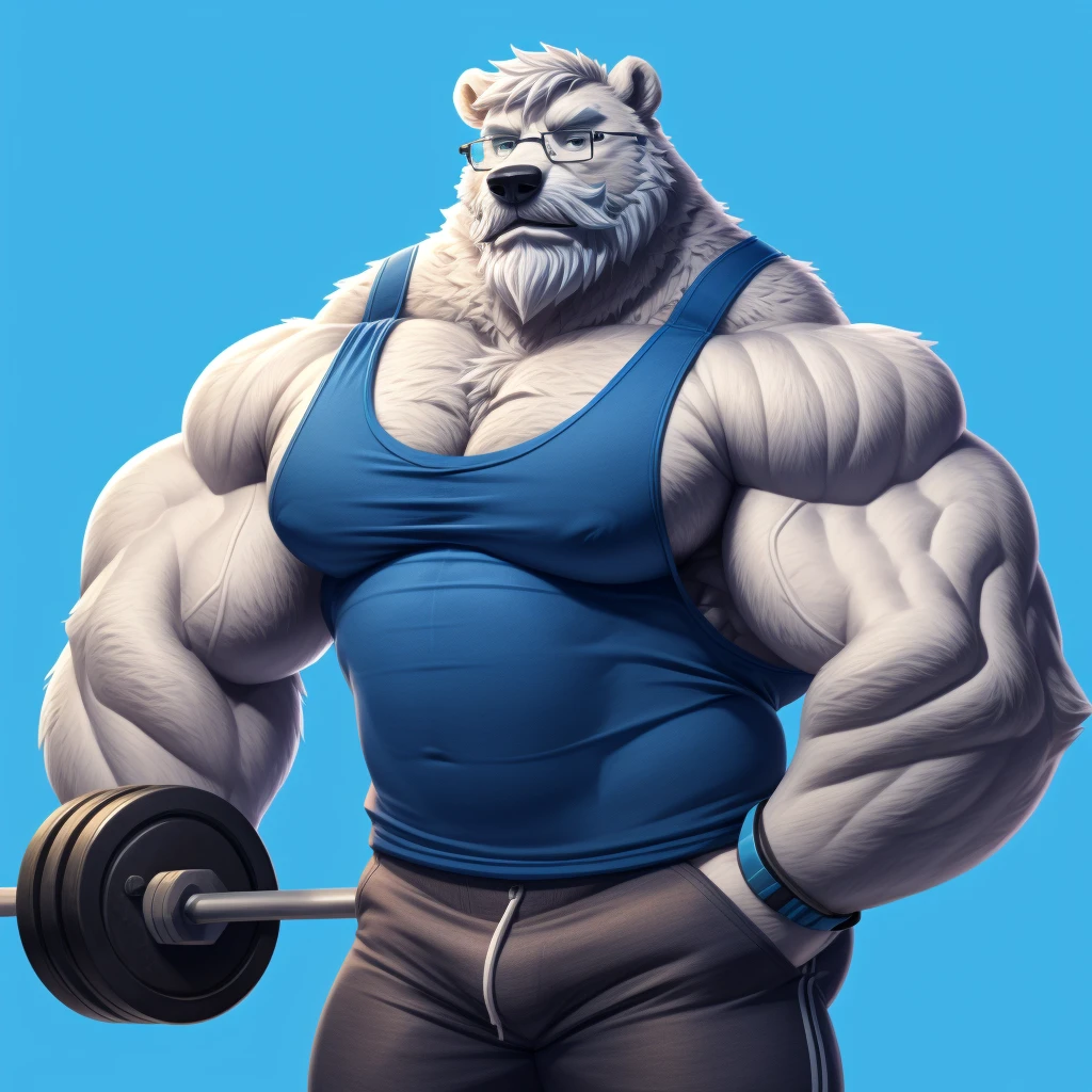 solo, 1boy, Huge Muscular old White Polar Bear wearing glasses, huge white fur, pectoral, huge pectoral, wide pectoral, short white hair, blue colored short pants, blue colored wristbands and blue colored tank top, white bearded, white Mustache, white fur, simple background, masterpiece, high detailed, 8k, high resolution, at the gym, bicep curls heavyweights barbell