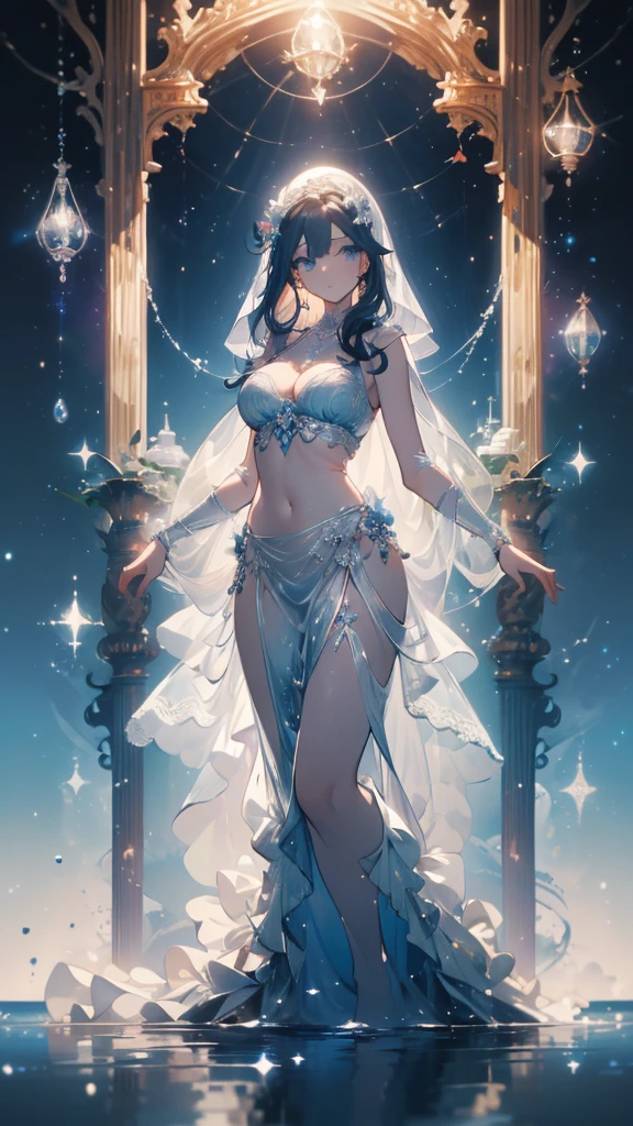 ((masterpiece, best quality)), Delicate face，Mermaid，whole body，Standing picture，Large Breasts，Gradient long wavy hair，Perfect body proportions，beautiful eyes，Extremely beautiful，transparent， Pure white background，egret，Water Ripples，pearl，veil，Sexy Lingerie，Lace