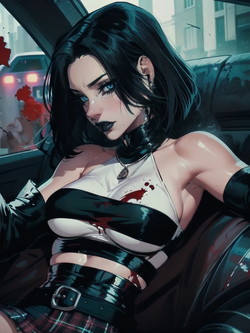 a woman with medium black hair, hair on shoulders, wearing plaid skirt, black jacket, blue eyes, gothic art, cute aesthetic with vibe, toon aesthetic, wearing gothic accessories, look like Cassie Hack, upper body, driving on the motocicle, scene crime, blood background, dinamic poses