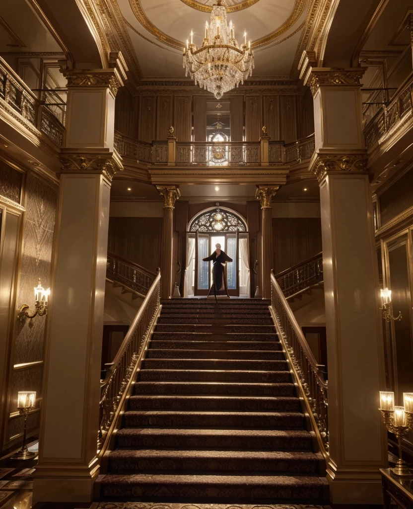a highly detailed and ornate hotel lobby, a grand staircase with intricate railings, a chandelier with shimmering crystals, plush velvet furniture, a large window overlooking a serene lake, sunlight streaming in, the reflection of the lake and mountains in the window, the hotel exterior with a grand facade, stone architecture, ornamental details, a lush garden with colorful flowers, (best quality,4k,8k,highres,masterpiece:1.2),ultra-detailed,(realistic,photorealistic,photo-realistic:1.37),intricate architecture, luxurious interior, dramatic lighting, cinematic composition, muted color palette, elegant, grand, majestic