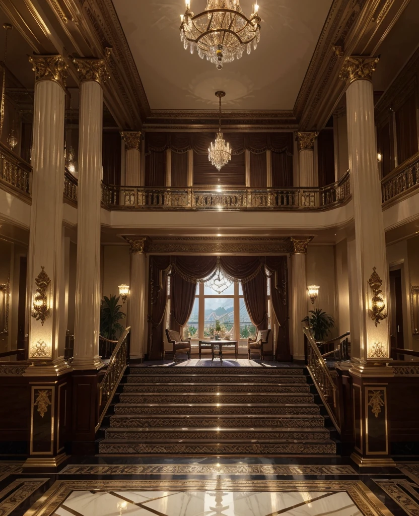 a highly detailed and ornate hotel lobby, a grand staircase with intricate railings, a chandelier with shimmering crystals, plush velvet furniture, a large window overlooking a serene lake, sunlight streaming in, the reflection of the lake and mountains in the window, the hotel exterior with a grand facade, stone architecture, ornamental details, a lush garden with colorful flowers, (best quality,4k,8k,highres,masterpiece:1.2),ultra-detailed,(realistic,photorealistic,photo-realistic:1.37),intricate architecture, luxurious interior, dramatic lighting, cinematic composition, muted color palette, elegant, grand, majestic