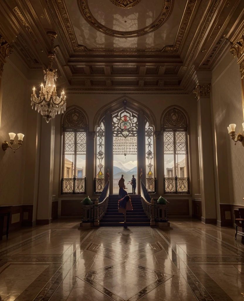 a highly detailed and ornate hotel lobby, a grand staircase with intricate railings, a chandelier with shimmering crystals, plush velvet furniture, a large window overlooking a serene lake, sunlight streaming in, the reflection of the lake and mountains in the window, the hotel exterior with a grand facade, stone architecture, ornamental details, a lush garden with colorful flowers, (best quality,4k,8k,highres,masterpiece:1.2),ultra-detailed,(realistic,photorealistic,photo-realistic:1.37),intricate architecture, luxurious interior, dramatic lighting, cinematic composition, muted color palette, elegant, grand, majestic