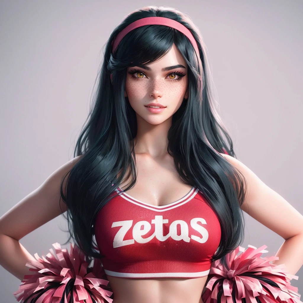 Create the image of a -17oman with LONG black hair that reaches her waist, white skin and greenish, almost brown eyes, with freckles lightly scattered across the face, including a light pink blush on the cheeks along with, a highlighter in the corners of the eyes and a light eyeliner, wearing a red cheerleader crop top with writing "zetas" very beautiful in digital illustration style inspired by the 3D loading screens of GTA V, his expression carries a serious and determined expression with a mischievous smile, and she&#39;s doing a bad, troubled girl pose, while holding two pompoms like a cheerleader. And the photo needs to be poorly lit. thriller atmosphere. Cannot contain extra hands, extra fingers, mutant hands, mixed texts, repeated letters. A woman may NOT contain Asian features.