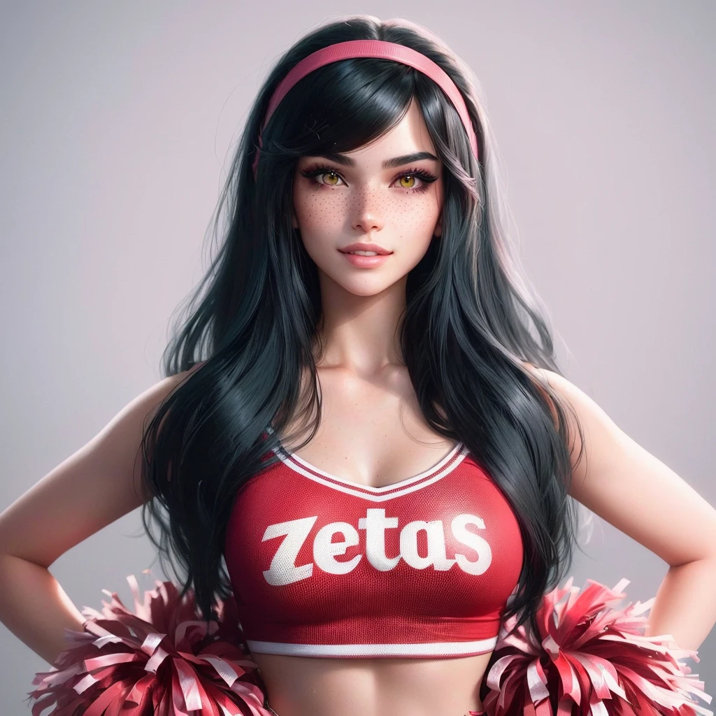 Create the image of a 16-17 year old woman with LONG black hair that reaches her waist, white skin and greenish, almost brown eyes, with freckles lightly scattered across the face, including a light pink blush on the cheeks along with, a highlighter in the corners of the eyes and a light eyeliner, wearing a red cheerleader crop top with writing "zetas" very beautiful in digital illustration style inspired by the 3D loading screens of GTA V, his expression carries a serious and determined expression with a mischievous smile, and she's doing a bad, troubled girl pose, while holding two pompoms like a cheerleader. And the photo needs to be poorly lit. thriller atmosphere. Cannot contain extra hands, extra fingers, mutant hands, mixed texts, repeated letters. A woman may NOT contain Asian features.