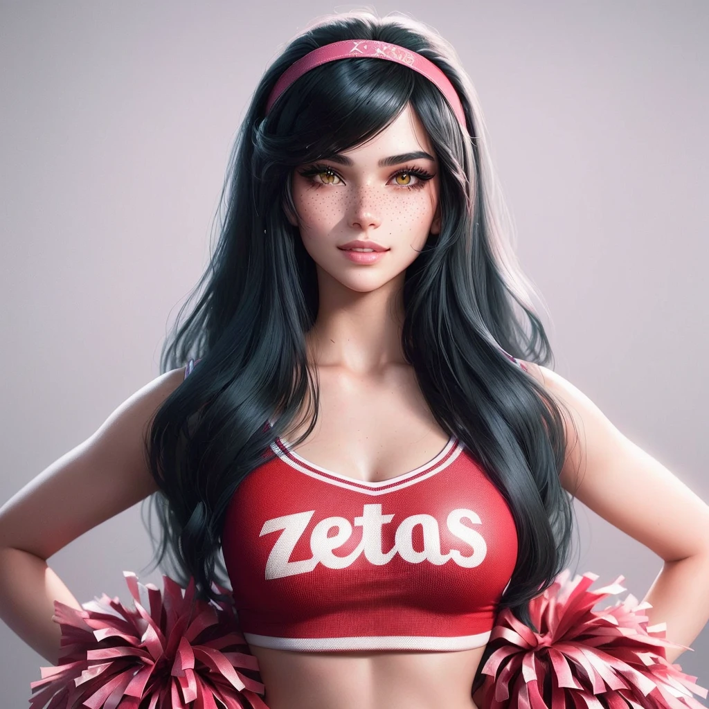 Create the image of a 16- old woman with LONG black hair that reaches her waist, white skin and greenish, almost brown eyes, with freckles lightly scattered across the face, including a light pink blush on the cheeks along with, a highlighter in the corners of the eyes and a light eyeliner, wearing a red cheerleader crop top with writing "zetas" very beautiful in digital illustration style inspired by the 3D loading screens of GTA V, his expression carries a serious and determined expression with a mischievous smile, and she's doing a bad, troubled girl pose, while holding two pompoms like a cheerleader. And the photo needs to be poorly lit. thriller atmosphere. Cannot contain extra hands, extra fingers, mutant hands, mixed texts, repeated letters. A woman may NOT contain Asian features.