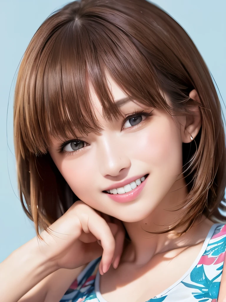 (Highest quality、8K、32k、masterpiece)、(Realistic)、(Realistic:1.2)、(High resolution)、Very detailed、Very beautiful face and eyes、1 Girl、Round and small face、Tight waist、Delicate body、(Highest quality、Attention to detail、Rich skin detail)、(Realistic、Realistic:1.37)、Bright colors、(((Chestnut-colored hair)))、(((Upper Body Shot)))、(((Medium Hair)))、(((Fair skin)))、(((White wall background)))、(((Pure white wall background)))、(((smile)))、(((Teeth are visible)))、(((Wear a tank top)))、(((Touch your chin with your right hand)))、(((Botanical print tank top)))、(((Clothes with a light blue botanical pattern on a white background)))