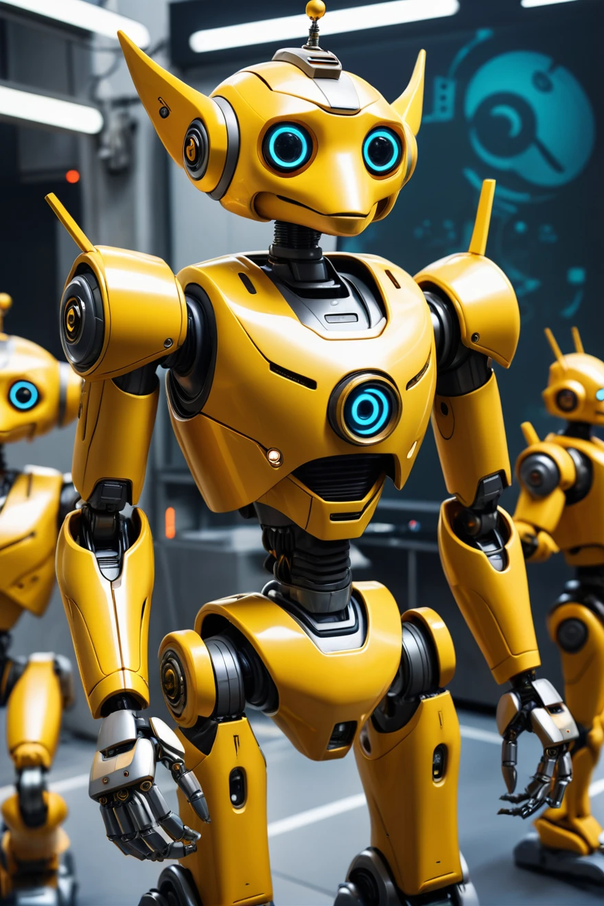 a close up of a robot with a bunch of yellow robots in the background, beautiful robot character design, tintoy characterdesign robot, robot, Mecha, Ratchet and Clank, the golden humanoid robot, robot overlord in the year 3499, elaborate epic robot, robot shaped like a rubber duck, humanoid robot,摄像机拍视robot的侧面。Tap the air with your finger