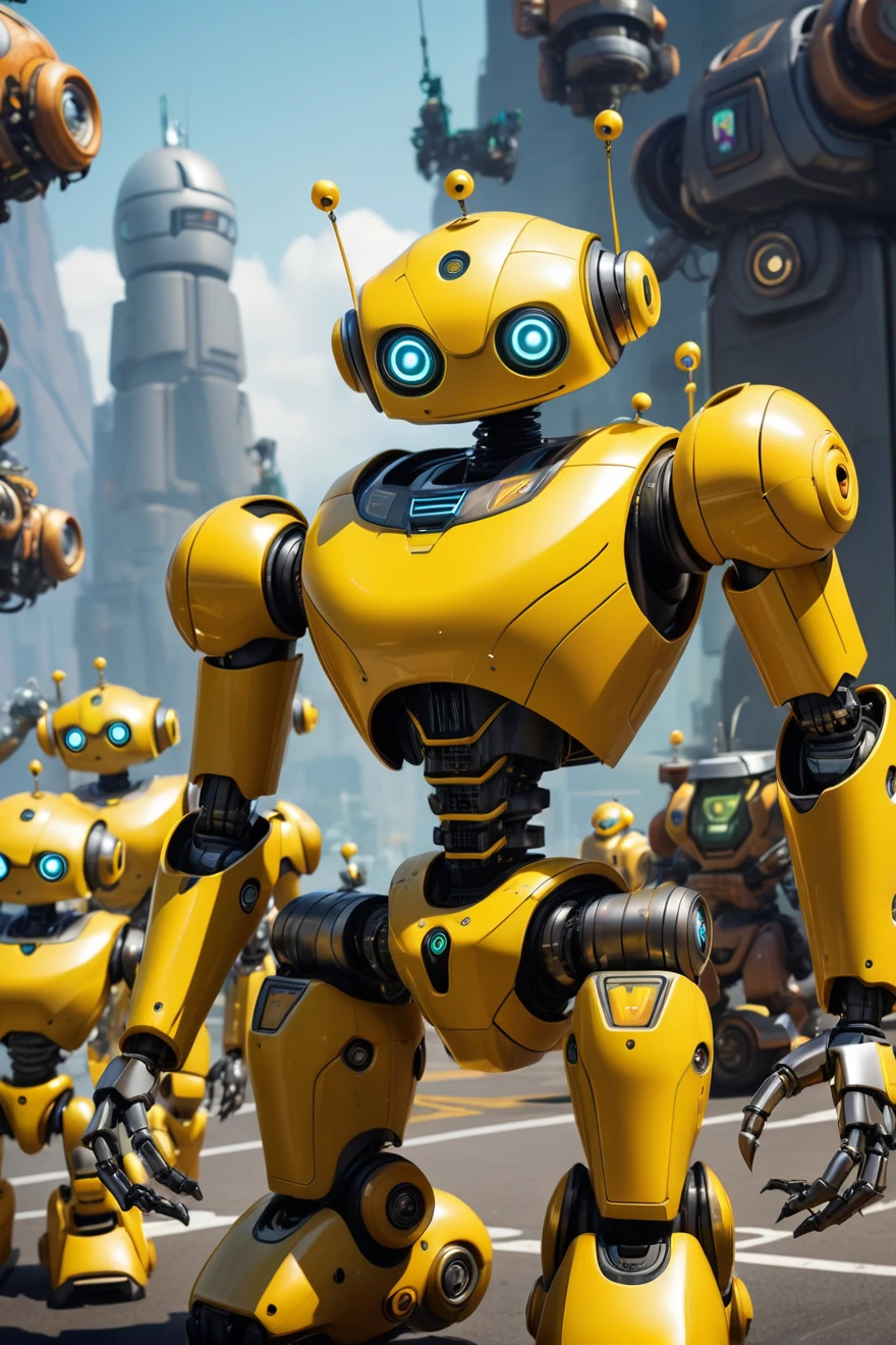 a close up of a robot with a bunch of yellow robots in the background, beautiful robot character design, tintoy characterdesign robot, robot, Mecha, Ratchet and Clank, the golden humanoid robot, robot overlord in the year 3499, elaborate epic robot, robot shaped like a rubber duck, humanoid robot，摄像机拍视robot的侧面。Tap the air with your finger