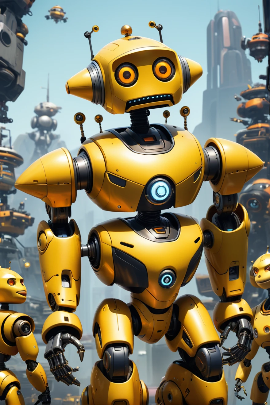 a close up of a robot with a bunch of yellow robots in the background, beautiful robot character design, tintoy characterdesign robot, robot, Mecha, Ratchet and Clank, the golden humanoid robot, robot overlord in the year 3499, elaborate epic robot, robot shaped like a rubber duck, humanoid robot,摄像机拍视robot的侧面。Tap the air with your finger