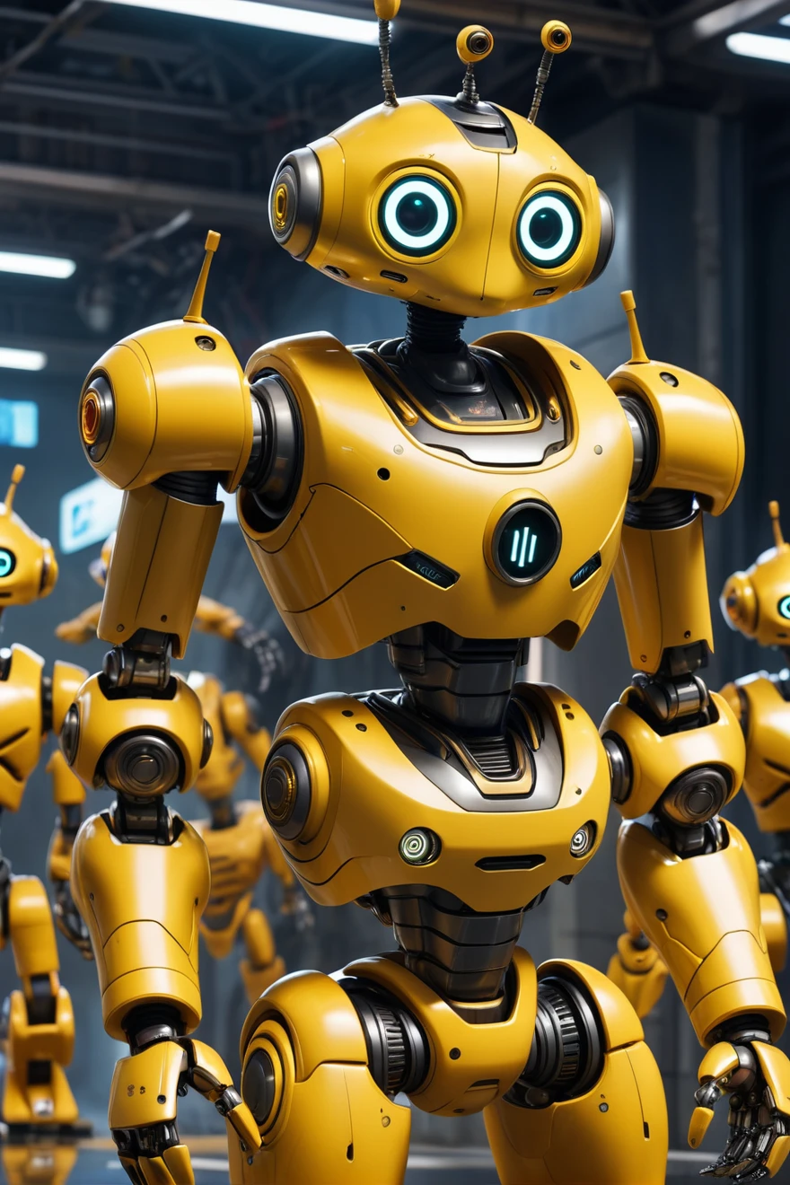 a close up of a robot with a bunch of yellow robots in the background, beautiful robot character design, tintoy characterdesign robot, robot, Mecha, Ratchet and Clank, the golden humanoid robot, robot overlord in the year 3499, elaborate epic robot, robot shaped like a rubber duck, humanoid robot，摄像机拍视robot的侧面。Tap the air with your finger