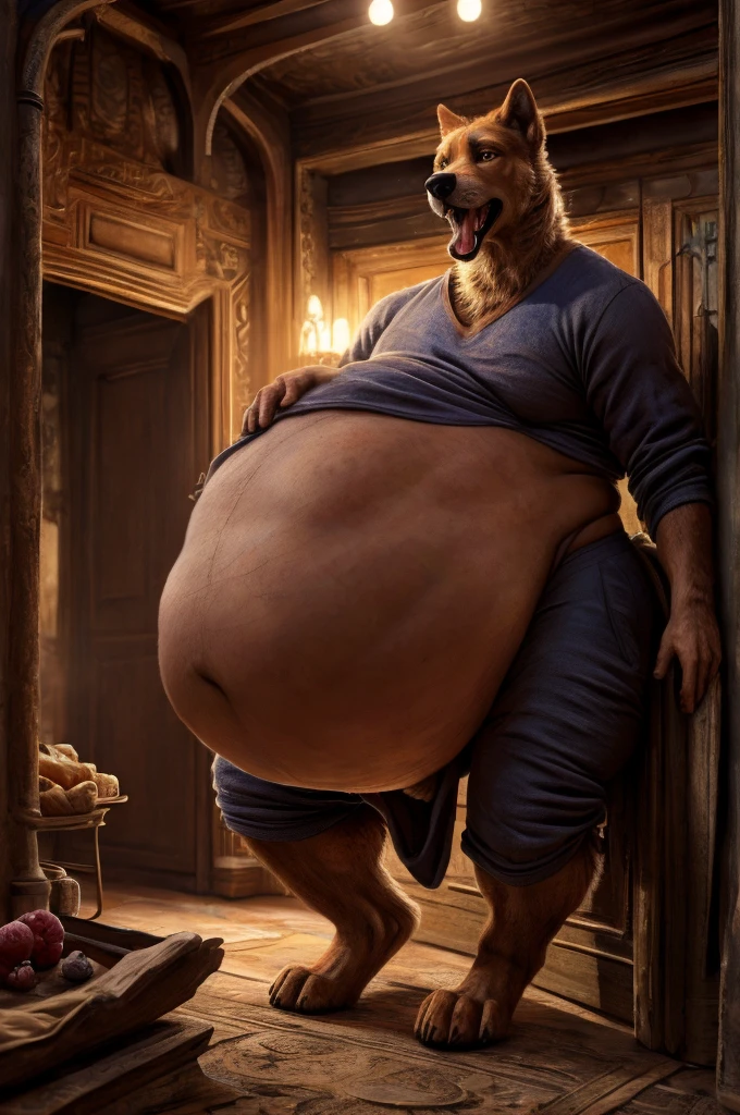 a solo lean male canine, enormous stomach massively distended from having swallowed multiple prey whole, huge open maw, gargantuan bulging gut, hyper endowment bulge, plantigrade legs, hyper penis erection, hyper realistic, cinematic lighting, highly detailed, (best quality,4k,8k,highres,masterpiece:1.2),ultra-detailed,(realistic,photorealistic,photo-realistic:1.37)