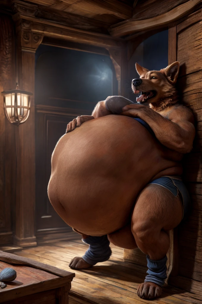 a solo lean male canine, enormous stomach massively distended from having swallowed multiple prey whole, huge open maw, gargantuan bulging gut, hyper endowment bulge, plantigrade legs, hyper penis erection, hyper realistic, cinematic lighting, highly detailed, (best quality,4k,8k,highres,masterpiece:1.2),ultra-detailed,(realistic,photorealistic,photo-realistic:1.37)