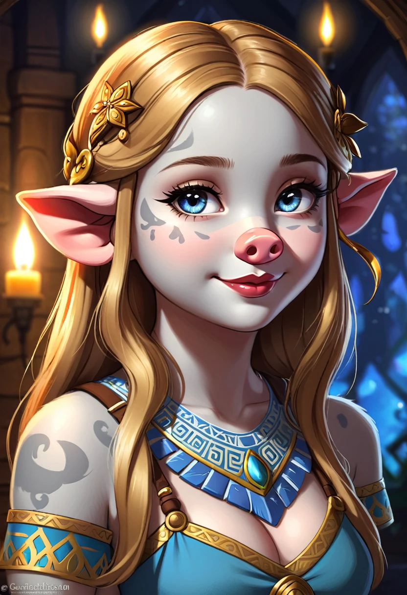 Create an illustrated, hand-drawn, full-color image of an  humanoid, hybrid, anthropomorphic, pig girl. The artwork should be rendered in the style of "Breath of the Wild," featuring warm lighting and shadows. Include graphite shading, stencil marks, and airbrushed acrylic paint effects. The image should be of the highest quality, a masterpiece with intricate details.

The pig girl should have a female, humanoid, furry appearance with grey skin. She should have luscious lips, a wide smile, and bright, expressive eyes, exuding beauty, cuteness, and adorableness. Ensure the image is high resolution and sharply detailed, with a detailed and vibrant background. Scarlett Johanson, Alison Brie, Dove Cameron

Incorporate mystical lighting in the background, creating a romantic and enchanting atmosphere.
