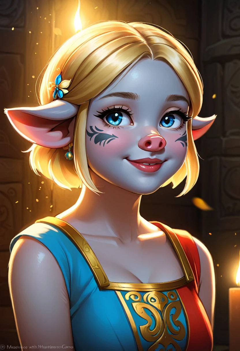 Create an illustrated, hand-drawn, full-color image of an humanoid, hybrid, anthropomorphic, pig girl. The artwork should be rendered in the style of "Breath of the Wild," featuring warm lighting and shadows. Include graphite shading, stencil marks, and airbrushed acrylic paint effects. The image should be of the highest quality, a masterpiece with intricate details.
The pig girl should have a female, humanoid, furry appearance with grey skin. She should have luscious lips, a wide smile, and bright, expressive eyes, exuding beauty, cuteness, and adorableness. Ensure the image is high resolution and sharply detailed, with a detailed and vibrant background. Scarlett Johanson, Alison Brie, Dove Cameron
Incorporate mystical lighting in the background, creating a romantic and enchanting atmosphere.
