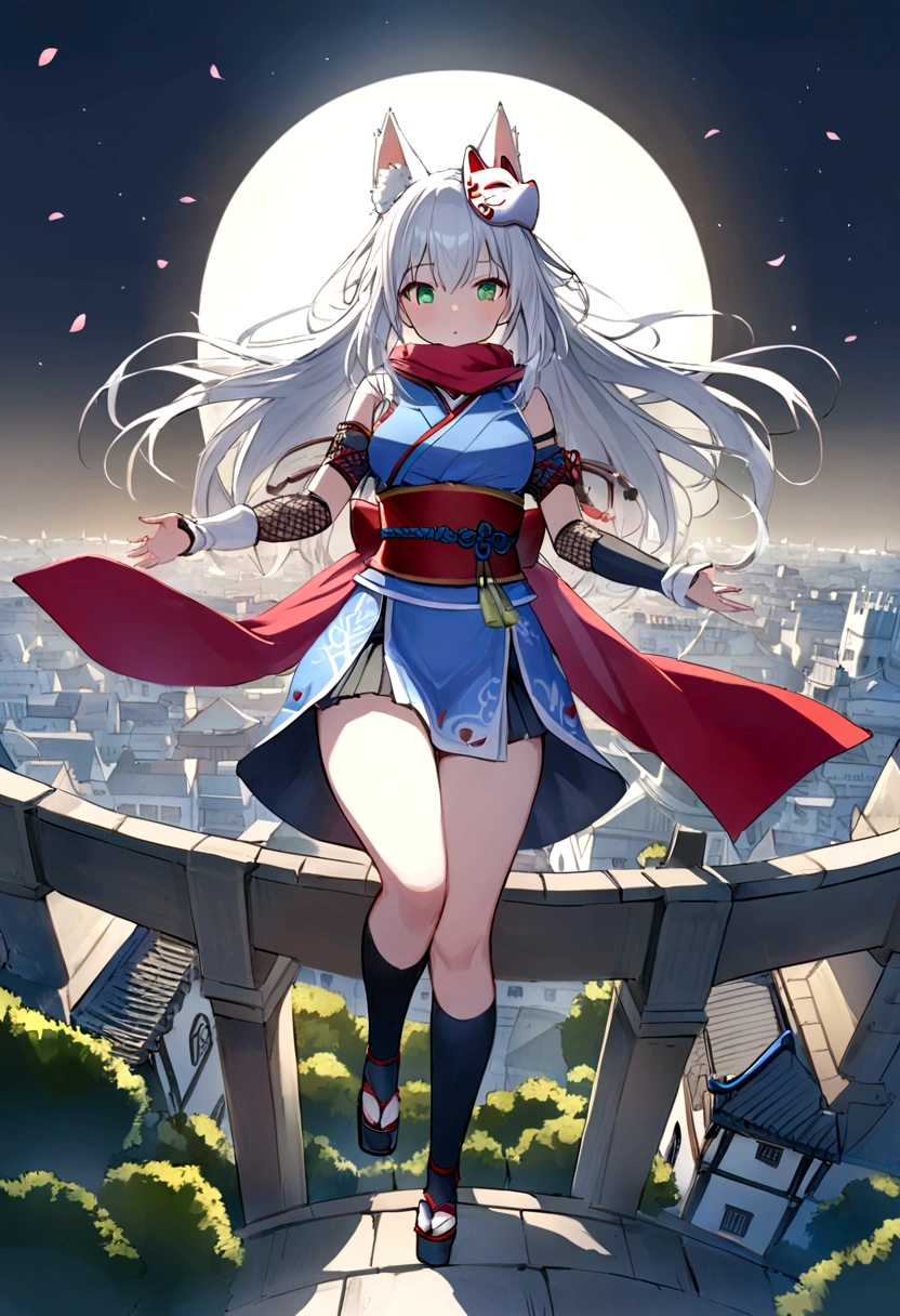 Heterogeneous: blue and green eyes、Black net on arm、On top of the castle、Looking down from the castle tower、White Gauntlet、insert、Asahi、A magnificent view of the city from the treetopasterpiece, best quality:1.2), 1girl, 独奏,Wolf girl, fox mask, ninja, girl, long white hair, odd eyes, blue kimono, ninja girl, red and blue scarf,Dancing Cherry Blossoms,Full moon backlighting, light coming in, fantastic atmosphere.night、Shadows of light and darkness、Eyes glowing in the dark、Black fox mask、Fisheye Lens、Expansive starry sky、long hair that spreads、Overlooking the city from atop a large cherry tree、Aside exposure、Black High Knee Socks、Blue mini skirt、Catch the wind