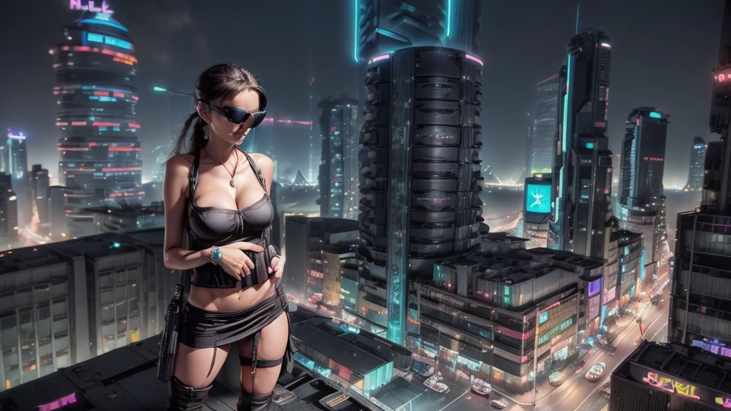 (((aerial view))) of futuristic city, hologram neon buildings, (((futuristic flying cars))) and futuristic cars, Surreal cyberpunk city, in a Future cyberpunk city, 3d rendering Beeple, at night. large-breast photorealistic slim sexy woman, (((breast cleavage))), perfect face, tank top, (((((((miniskirt, black sunglasses, pistol shooting pose))))))), standing, leaning forward, (((((half-body thigh level medium shot))))).