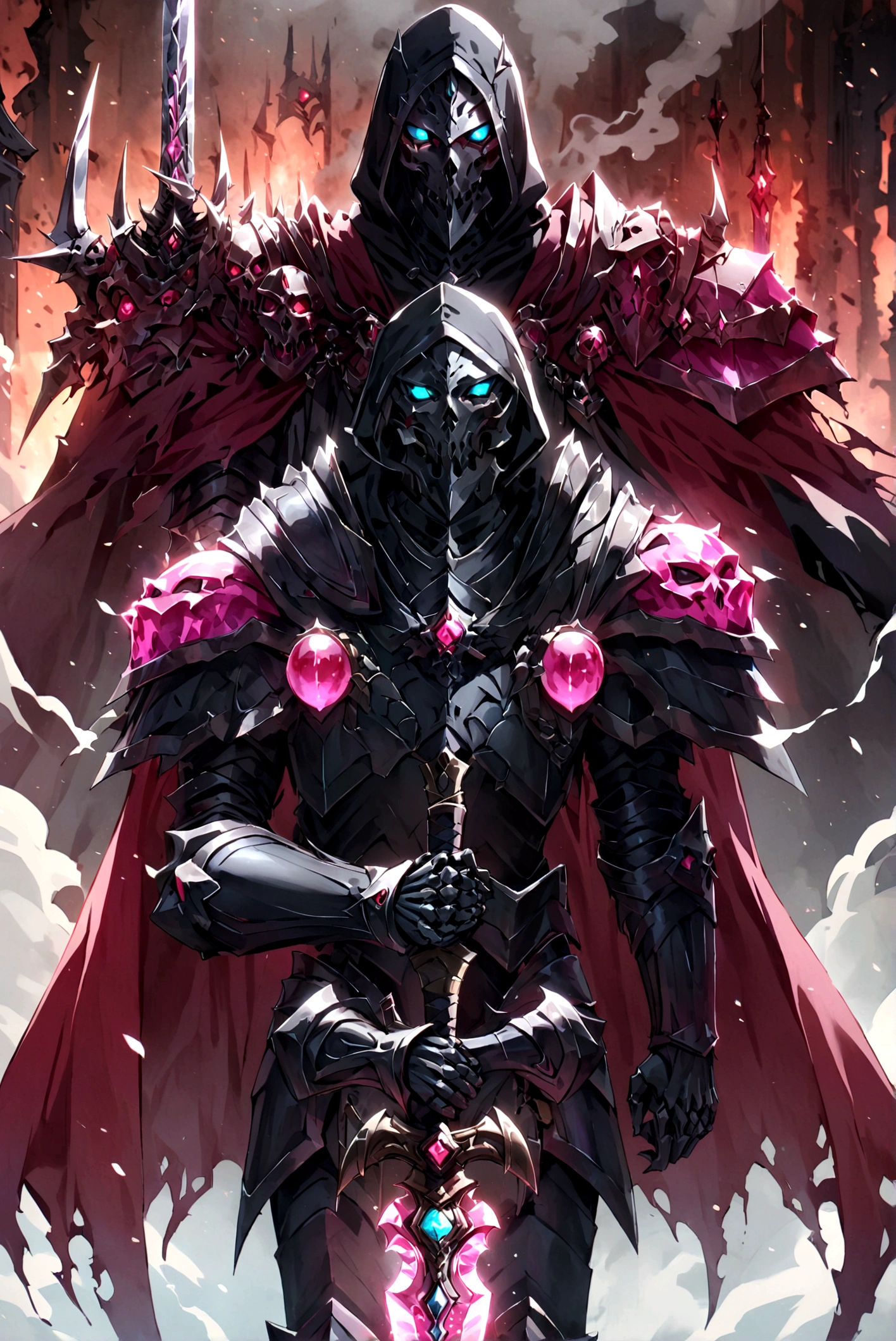 score_9, score_8_up, score_7_up, a skeleton knight walking through ruby smoke, glowing ruby eyes, smoke coming from its mouth, upper body, looking at the viewer, black cloak, black armor, ruby ornaments, glowing ornaments, ruby cape, black hood, glowing sword, ruby sword, holding the sword,dark,