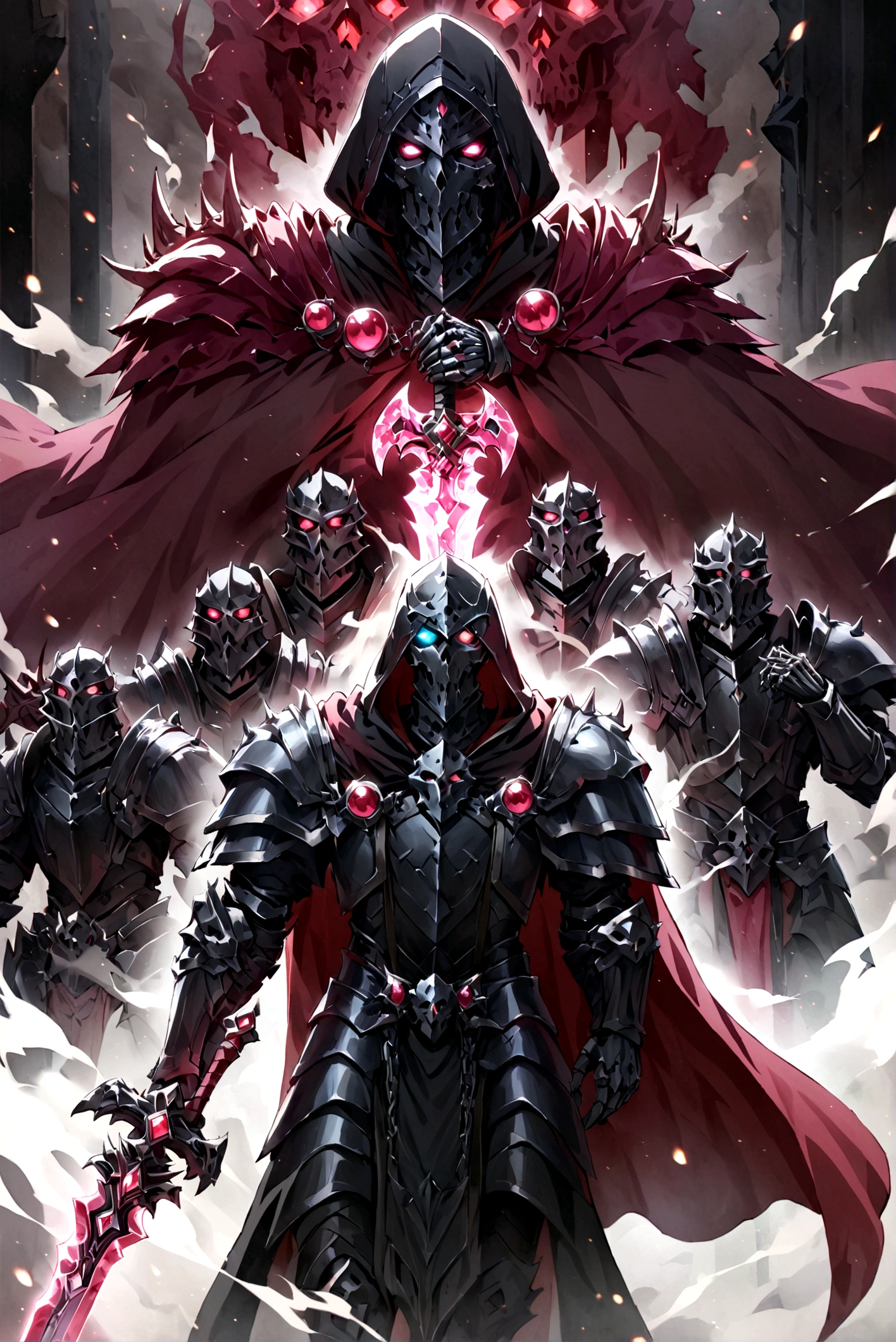 score_9, score_8_up, score_7_up, a skeleton knight walking through ruby smoke, glowing ruby eyes, smoke coming from its mouth, upper body, looking at the viewer, black cloak, black armor, ruby ornaments, glowing ornaments, ruby cape, black hood, glowing sword, ruby sword, holding the sword,dark,