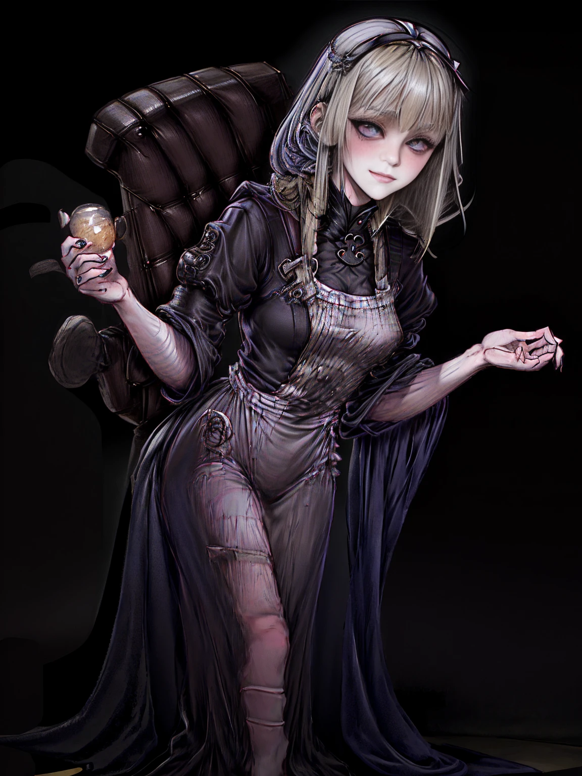 1sologirl, cute ((short black hair girl and long blonde hair girl))
Maid victorian, maid apron, straight face, dazed
Body position: Standing, straight, symmetrical, barefoot
Lustful smile on face with red blush