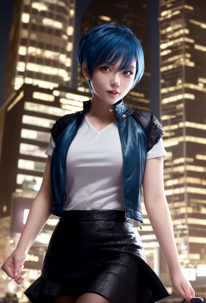 25-year-old woman, View your viewers, smile, short hair, black eye, Jacket, Short skirt, Short vest, Short sleeve, Hair with blue tips, Dynamic pose, night, Outdoor, city, (Volumetric lighting), Highest quality, masterpiece, Intricate details, Tone Mapping, Sharp focus, Super detailed,