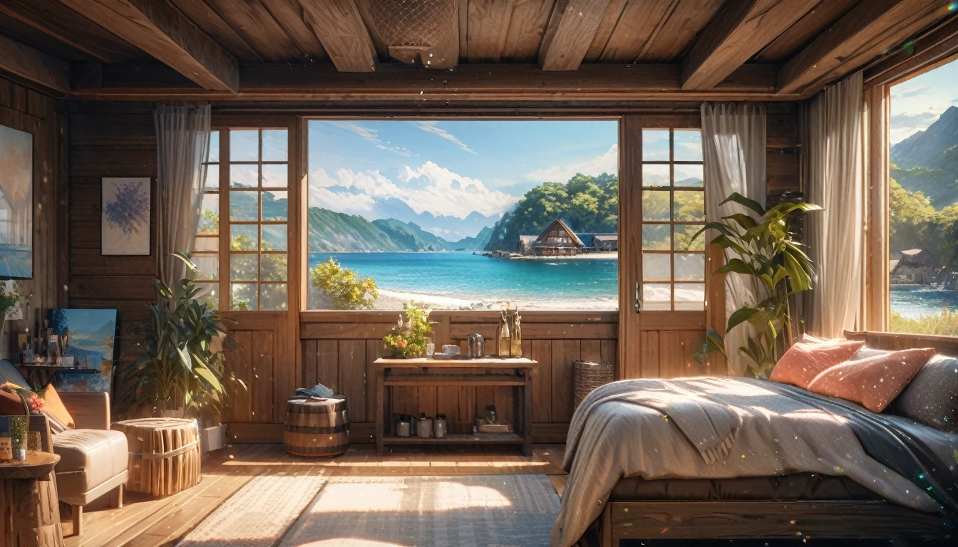 Holiday Homes, Large windows and beautiful views,Wooden Lodge,Inside the room,Blur the background,Pleasant sea breeze,Glitter effect,Highest quality, 8K, High resolution, masterpiece:1.2, Very detailed, Realistic:1.37, High resolution, 超High resolution, Ultra-fine painting, Very detailed, Professional, Vibrant colors