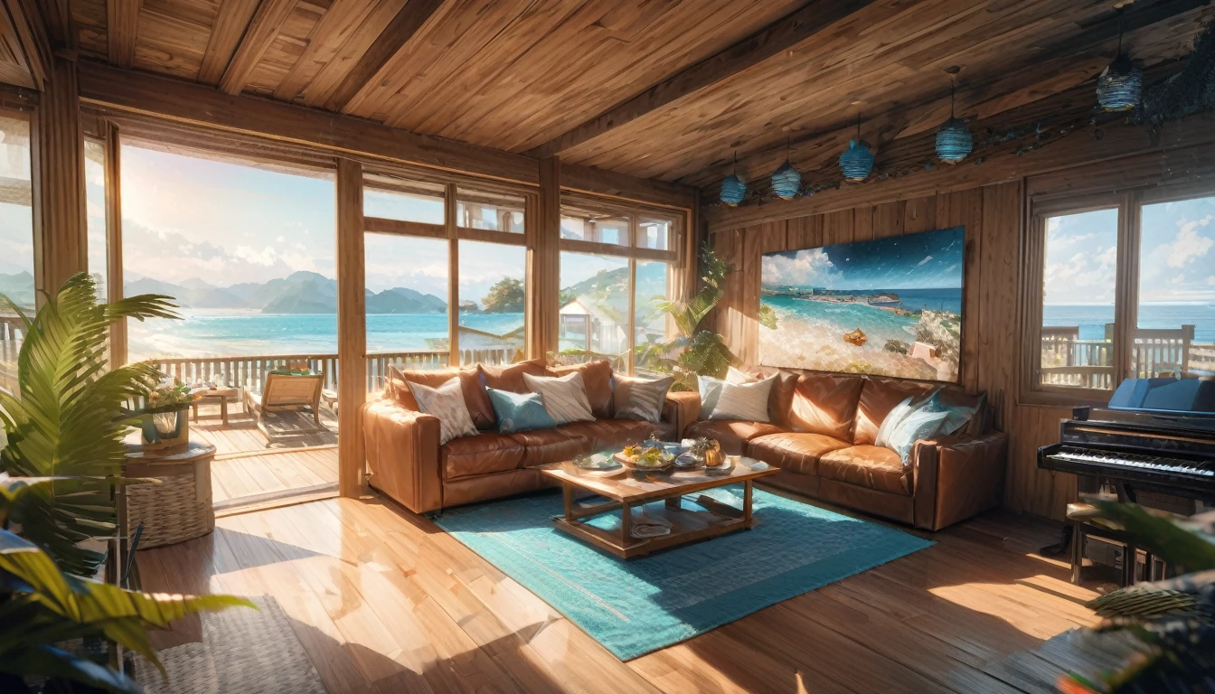 Holiday Homes, Large windows and beautiful views,Wooden Lodge,Inside the room,Blur the background,Pleasant sea breeze,Glitter effect,Highest quality, 8K, High resolution, masterpiece:1.2, Very detailed, Realistic:1.37, High resolution, 超High resolution, Ultra-fine painting, Very detailed, Professional, Vibrant colors