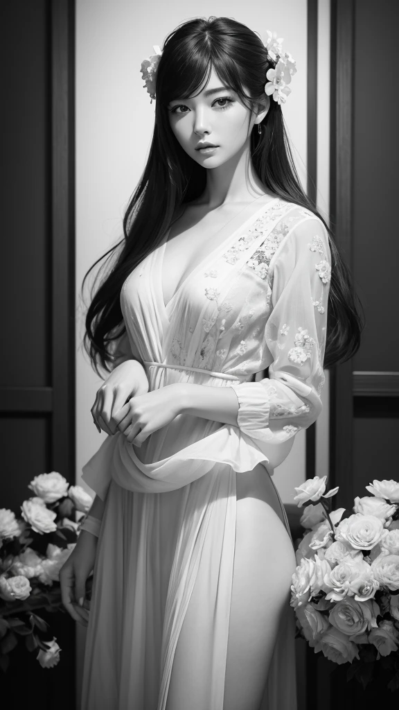 The flowers on both sides form a frame. 額の中にはcoolとライバルの入った女性 glamorous cool Women are black and white but flowers are vibrantly colored Best Quality, Masterpiece, Ultra High Resolution, (Realisticity: 1.4), Original Photo, Cinematic Lighting