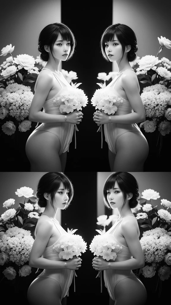The flowers on both sides form a frame.　額の中にはcoolとライバルの入った女性　glamorous　cool　Women are black and white but flowers are vibrantly colored　Best Quality, Masterpiece, Ultra High Resolution, (Realisticity: 1.4), Original Photo, Cinematic Lighting