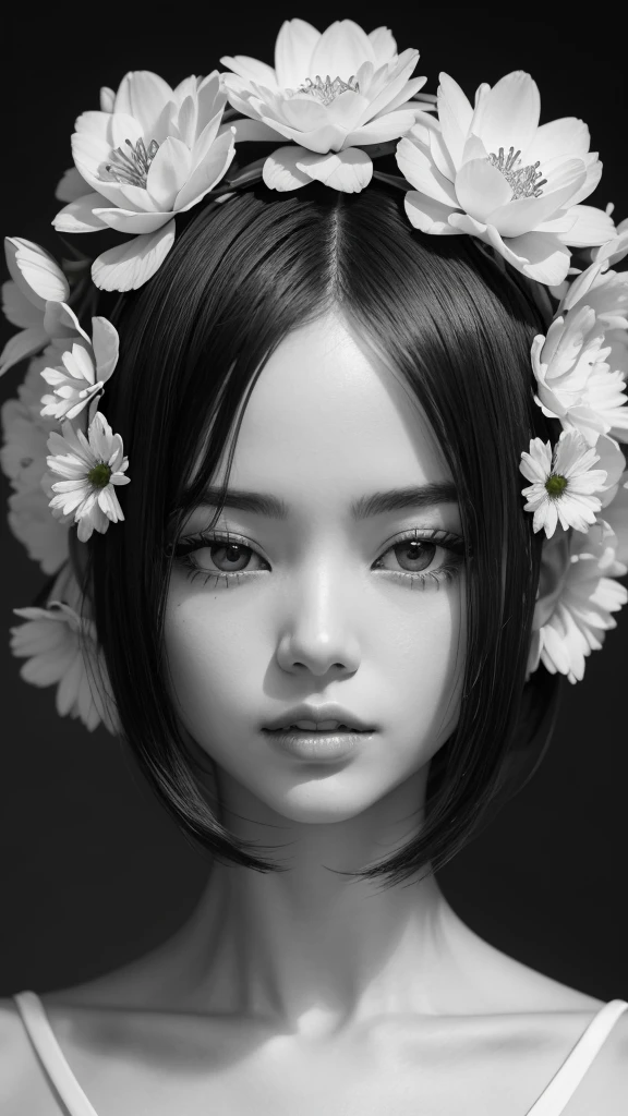 The flowers on both sides form a frame.　額の中にはcoolとライバルの入った女性　glamorous　cool　Women are black and white but flowers are vibrantly colored　Best Quality, Masterpiece, Ultra High Resolution, (Realisticity: 1.4), Original Photo, Cinematic Lighting