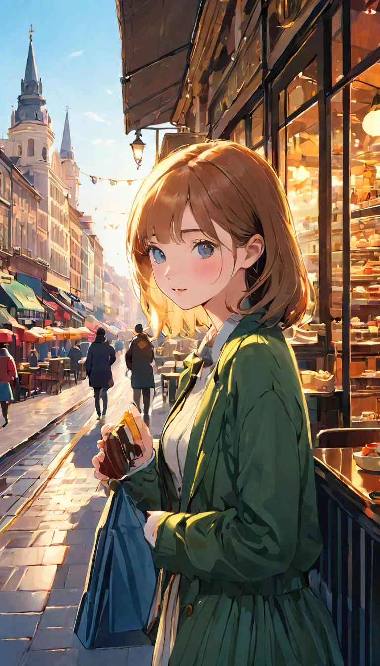 finely detailed illustration, best quality, masterpiece, vibrant color,High resolution、8k、One Girl, beautiful、cute、beautiful、 Highest quality, masterpiece, とてもbeautiful, Perfect composition, Intricate details, Cafe photo, sunny, architecture, Busy Street, super high quality, Very detailed、Very detailedな