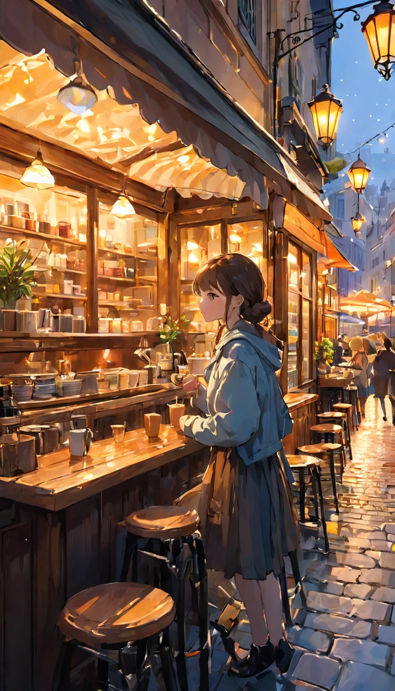 finely detailed illustration, best quality, masterpiece, vibrant color,High resolution、8k、One Girl, beautiful、cute、beautiful、 Highest quality, masterpiece, とてもbeautiful, Perfect composition, Intricate details, Cafe photo, sunny, architecture, Busy Street, super high quality, Very detailed、Very detailedな