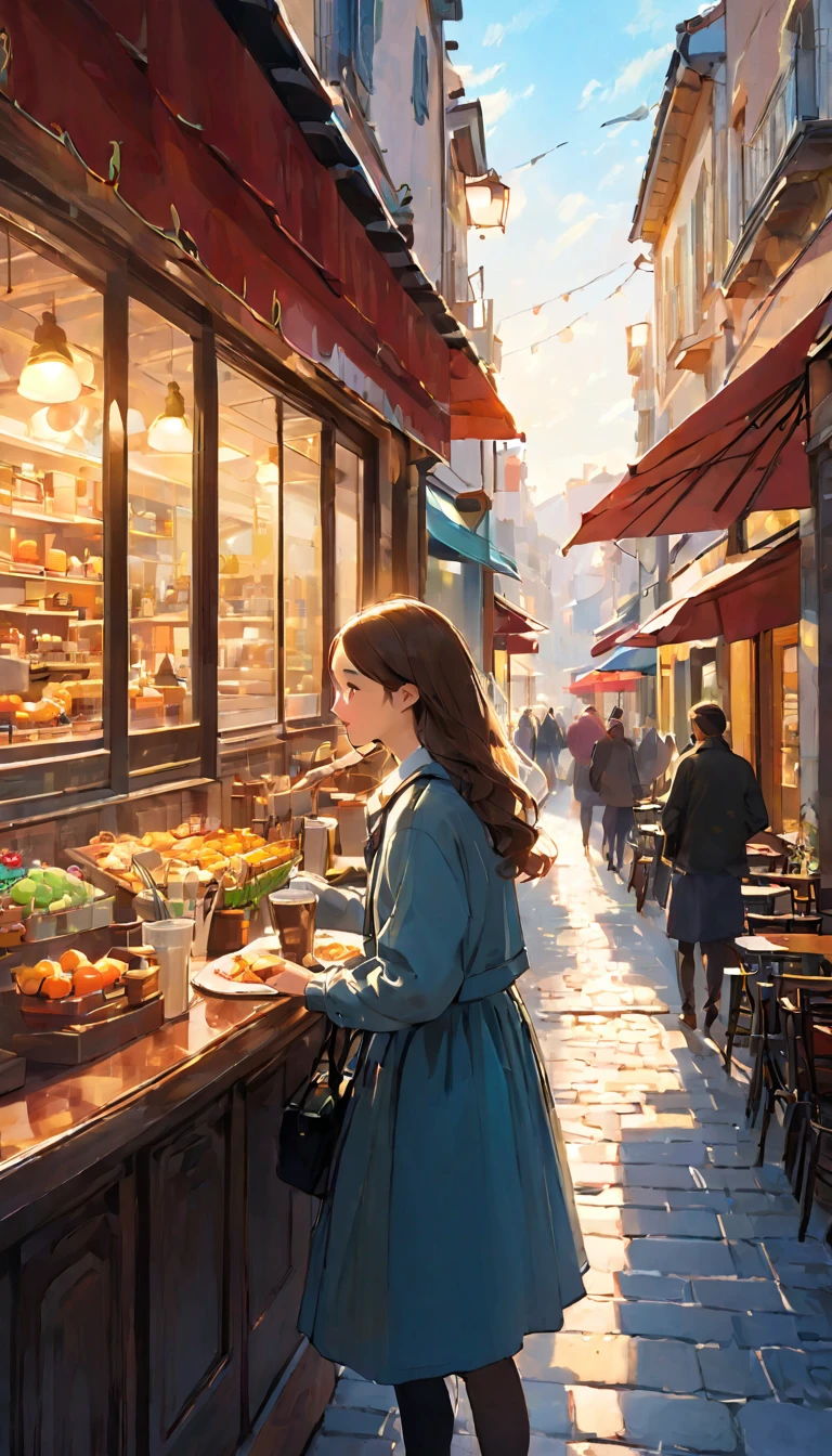 finely detailed illustration, best quality, masterpiece, vibrant color,High resolution、8k、One Girl, beautiful、cute、beautiful、 Highest quality, masterpiece, とてもbeautiful, Perfect composition, Intricate details, Cafe photo, sunny, architecture, Busy Street, super high quality, Very detailed、Very detailedな