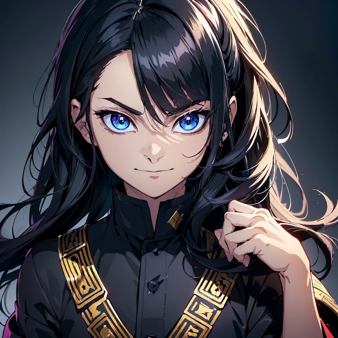 (Best Quality,ultra detailed,realist:1.37),high resolution(4k,8k),portrait,Demon Slayer character,black hair with blue,semi long hair,dark blue eyes with golden irises,,warm smile,YOUNG,sarcastic,24 years ,Kimetsu no Yaiba&#39;s distinctive style, firm installation, vibrant colors, detailed facial features, powerful aura, determined expression, katana in hand, fierce eyes, dusk scene, dramatic lighting, flowing layer, a dark yukata with gold decorations, intricate patterns, dark blue background.