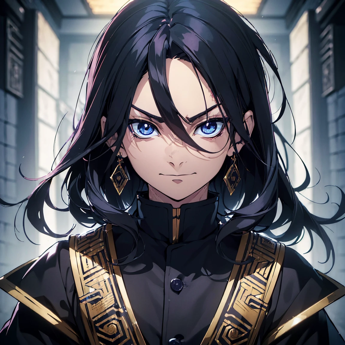 (Best Quality,ultra detailed,realist:1.37),high resolution(4k,8k),portrait,Demon Slayer character,black hair with blue,semi long hair,dark blue eyes with golden irises,,warm smile,YOUNG,sarcastic,24 years ,Kimetsu no Yaiba&#39;s distinctive style, firm installation, vibrant colors, detailed facial features, powerful aura, determined expression, katana in hand, fierce eyes, dusk scene, dramatic lighting, flowing layer, a dark yukata with gold decorations, intricate patterns, dark blue background.