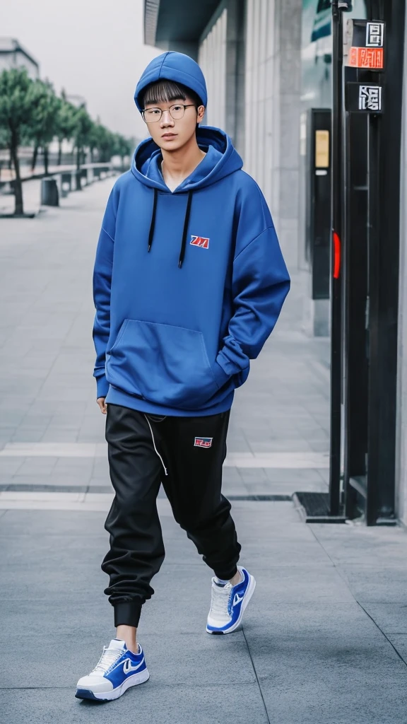 21 year old Beijing boy, he is ((oversized xxxl blue plain hoodie)), wearing black Trousers, wearing sneakers, wearing glasses, fully body, (he is 한국 머리카락입니다) Korean style, walking, buzz Hairstyle,foot, station 