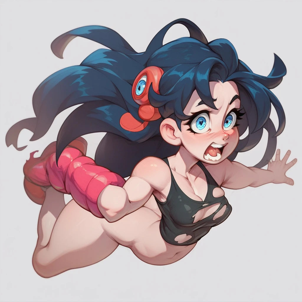 a curvy blue-eyed girl with long wavy black hair, small breasts, nudity, torn tanktop, tits out, hyper detailed, vivid colors, Ralph Bakshi style