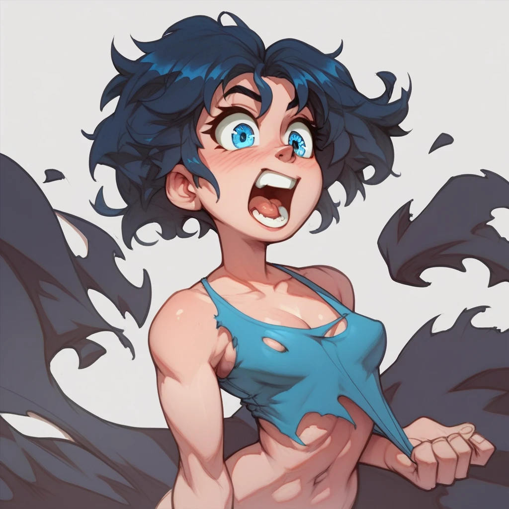 a curvy blue-eyed girl with long wavy black hair, small breasts, nudity, torn tanktop, tits out, hyper detailed, vivid colors, Ralph Bakshi style
