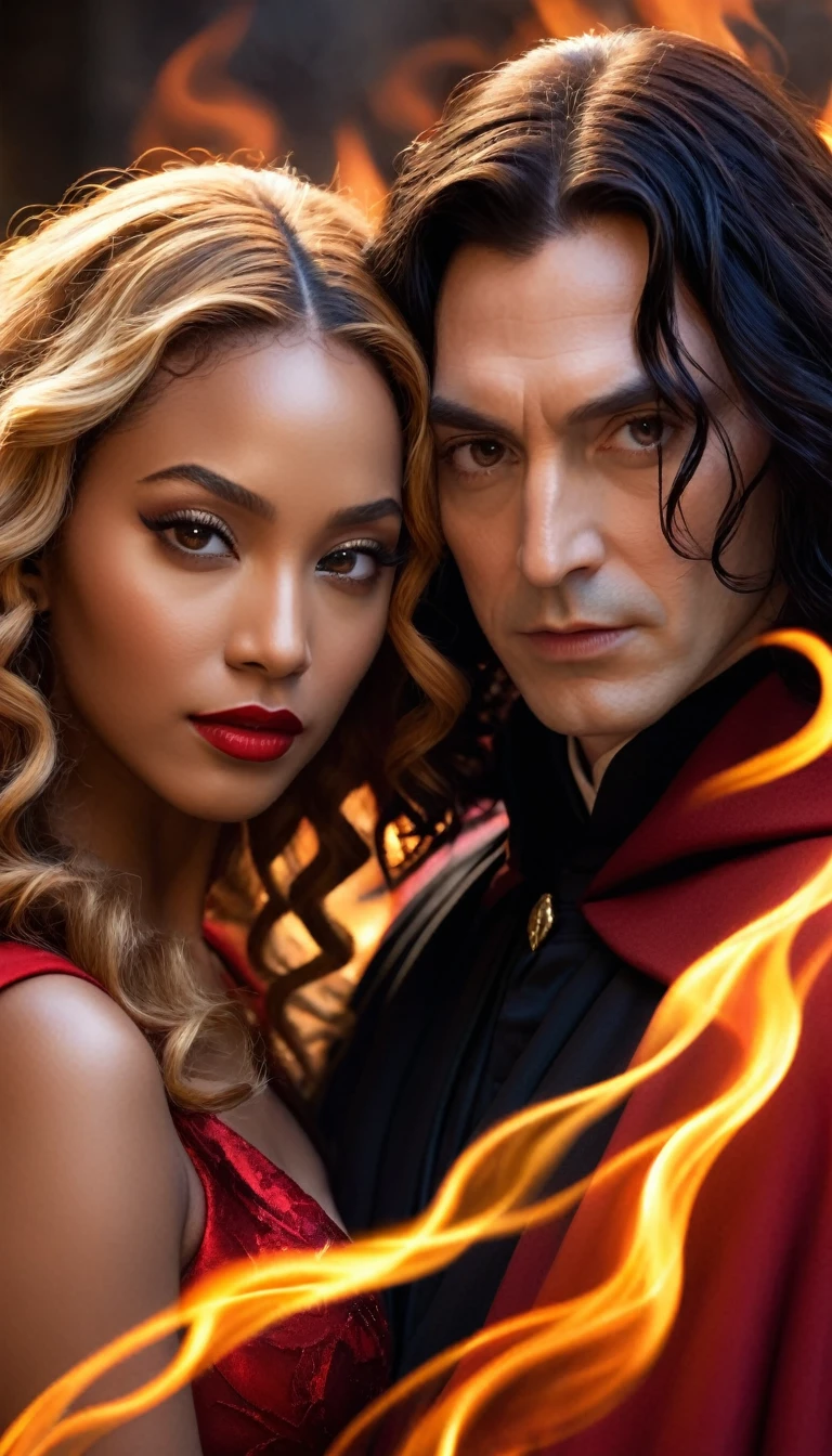 - Scene: Create an image of two people in love in a setting of mystery and passion.
- Woman's Appearance:
- Resembles Beyoncé
- Brown skin
- Long, golden blonde curly hair
- Confident and seductive expression
- Wearing a red dress, elegant and form-fitting
- Lips painted a deep, intense red
- Man's Appearance:
- Resembles Severus Snape (Alan Rickman)
- Pale skin
- Large nose
- Black, straight hair falling around his face in a somber manner
- Serious and intense expression
- Wearing a black cloak, contrasting with the flames around them
- Atmosphere:
- Surrounded by flames, creating a mystical and fiery ambiance
- Soft lighting highlighting their faces, enhancing the sparkle in their eyes
- Flames adding an element of intensity and mystery to the scene
- They are close to each other, gazing intensely into each other's eyes, exuding a strong emotional connection